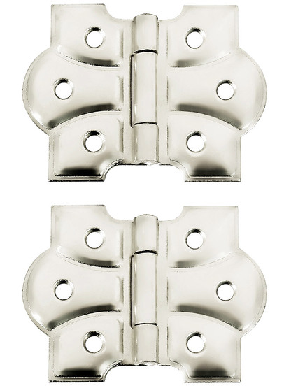 Pair of Small Craftsman Flush Mount Cabinet Hinges - 1 3/4 inch H x 2 3/8 inch W in Polished Nickel.